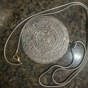Aztec Calendar Medallion Silver Snake Chain Necklace